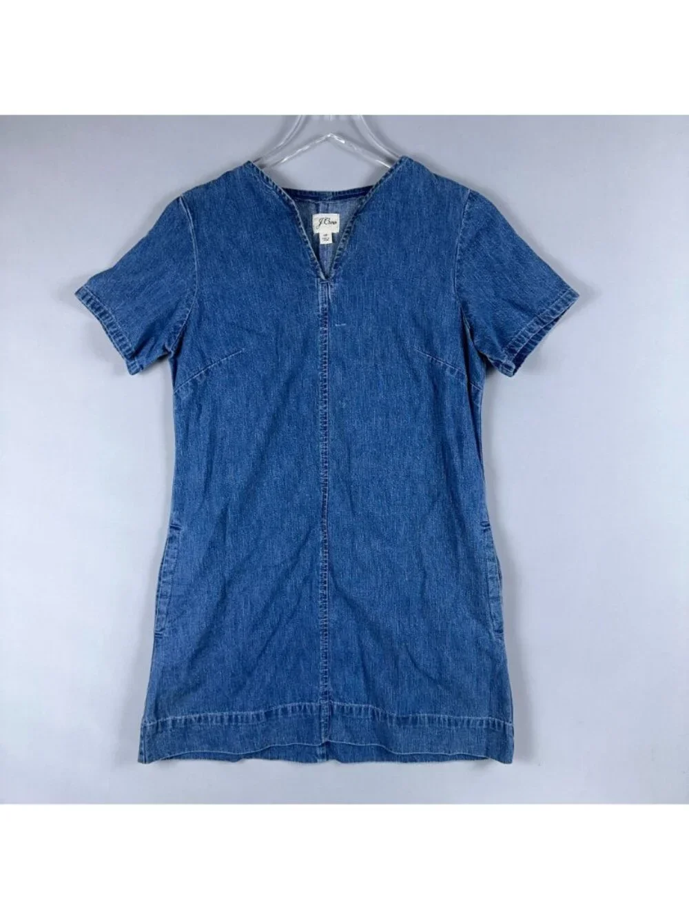 J. Crew Denim Dress Size 4 Petites V-Neck Shift Short Sleeve 100% Cotton Blue